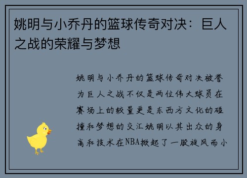 姚明与小乔丹的篮球传奇对决：巨人之战的荣耀与梦想