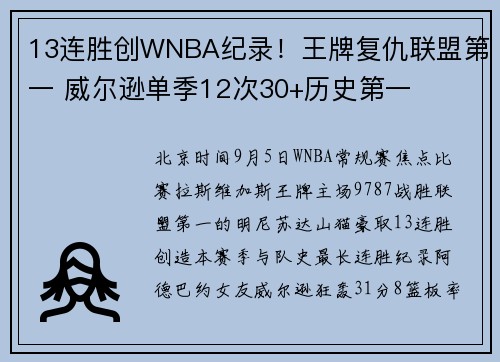 13连胜创WNBA纪录！王牌复仇联盟第一 威尔逊单季12次30+历史第一